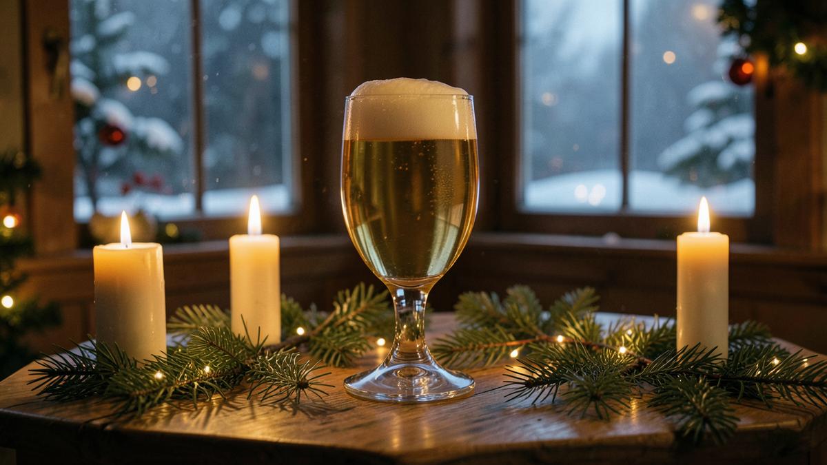 Calice di birra chiara fra candele e rami di abete, atmosfera natalizia