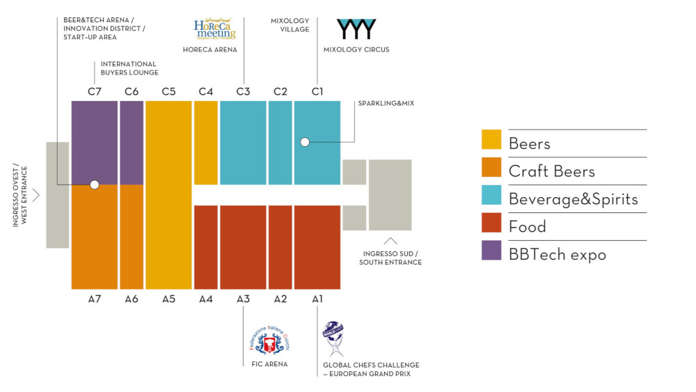 Planimetria Beer&Food Attraction 2025: padiglioni Beers, Craft Beers, Beverage&Spirits, Food e BBTech