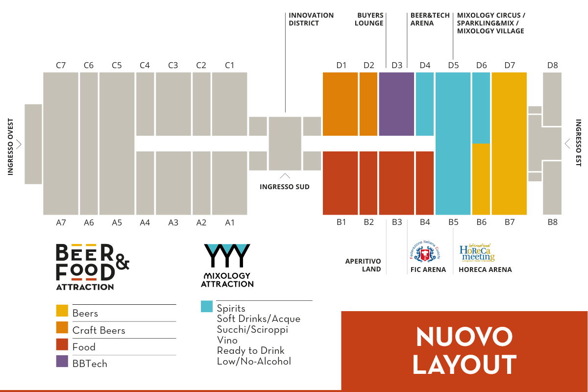 Planimetria Beer&Food Attraction 2026, nuovo layout: craft beers ridotto a D1-D2, spirits e food in espansione