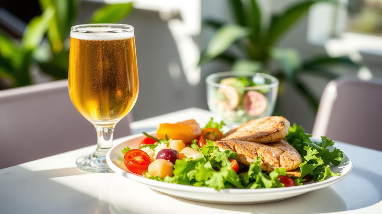 Bicchiere di birra servito accanto a un piatto leggero con insalata