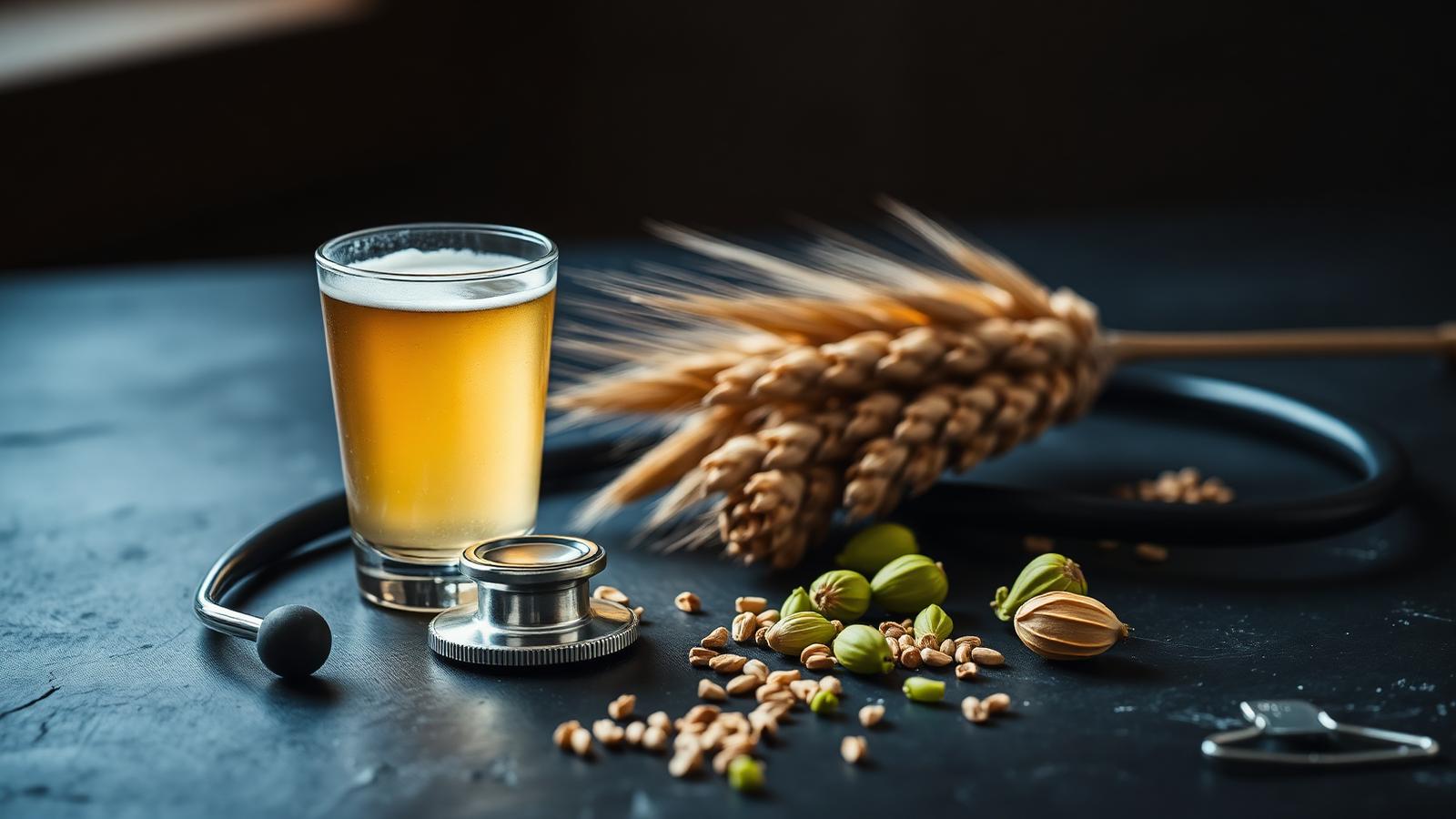 Bicchiere di birra chiara accanto a uno stetoscopio, spighe d'orzo e coni di luppolo