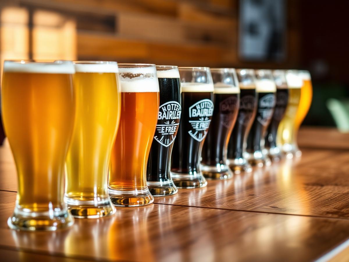 Fila di calici con birre di colori diversi